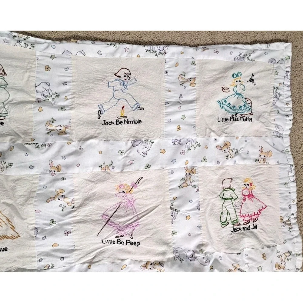 Adorable Vintage Crib Child Quilt NURSERY RHYMES 12 Hand Embroidered Squares